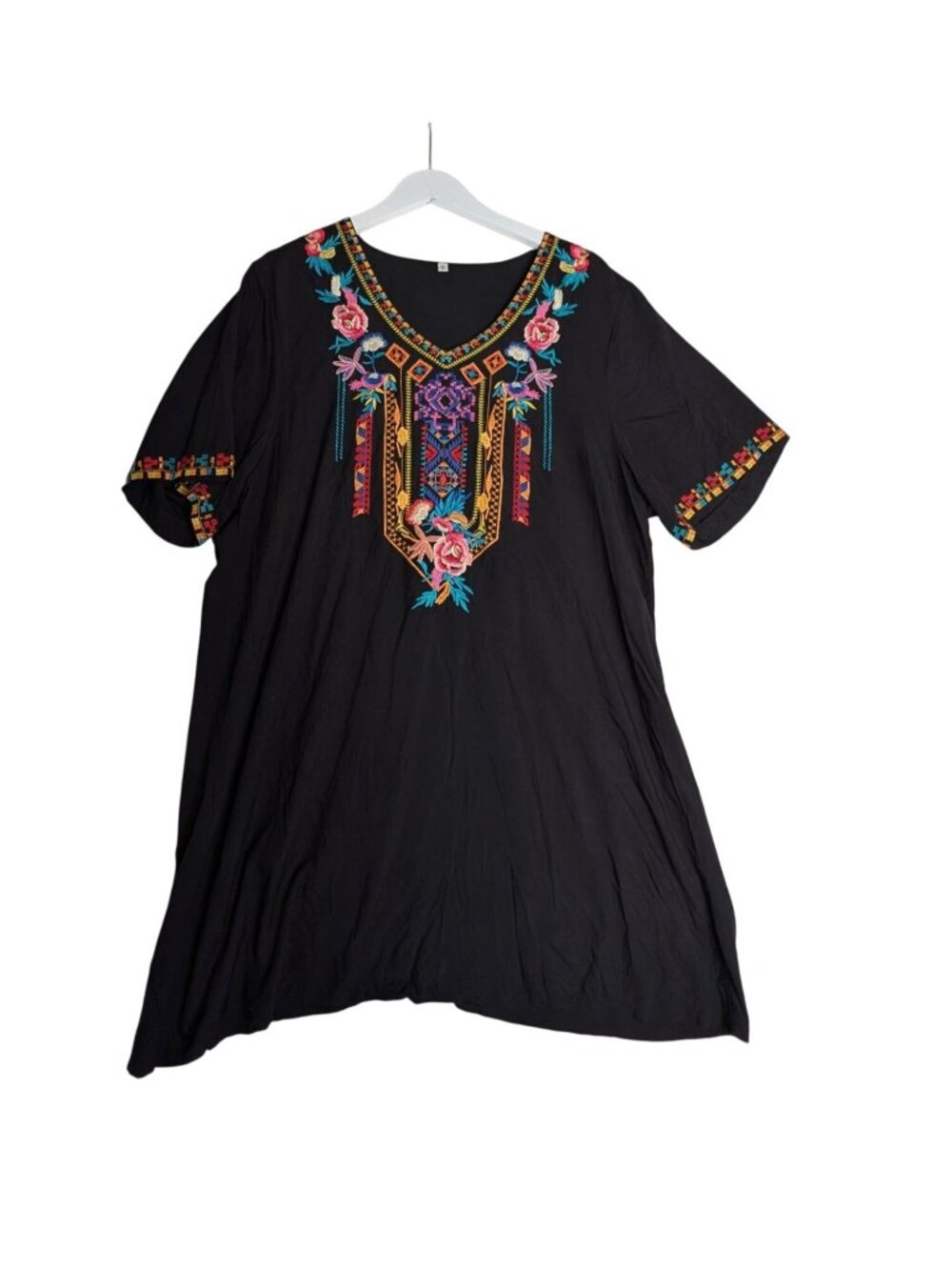 Boho Embroidered Black Mini Dress V Neck Short Sleeve Floral Casual Peasant XL S - Picture 2 of 13